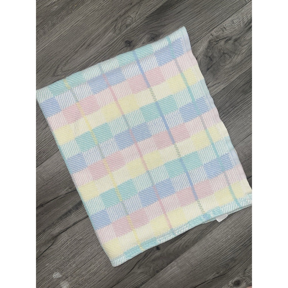 Vintage Beacon WPL 1675 Pastel Plaid Baby Blanket Blue Pink Yellow Cotton USA